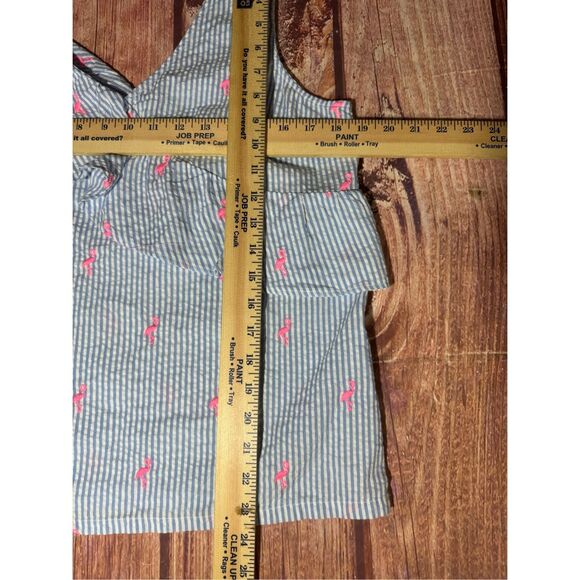 Crown & Ivy Women's Size Medium Blue Seersucker Sleeveless Top Pink Flamingo Emb - Picture 8 of 9